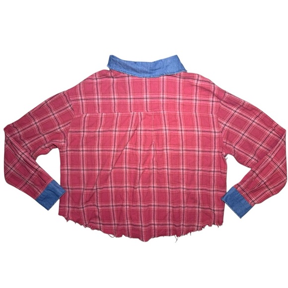 Dance & Marvel Red Plaid and Denim Raw Edge Flannel Women’s Size Medium - Picture 4 of 10